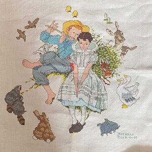 Norman Rockwell vintage cross stitch with couple & animals
